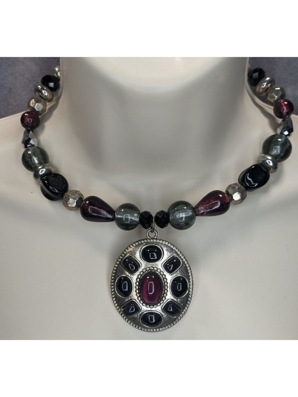 Vintage Gothic Boho Statement Necklace Purple Black Glass Pendant